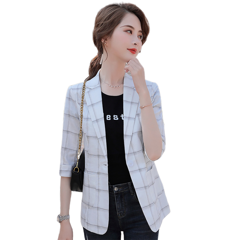 

Fashion Casual Women Blazers and Jackets White Plaid Ladies Work Business Clothes Half Sleeve Elegant Styles, Black