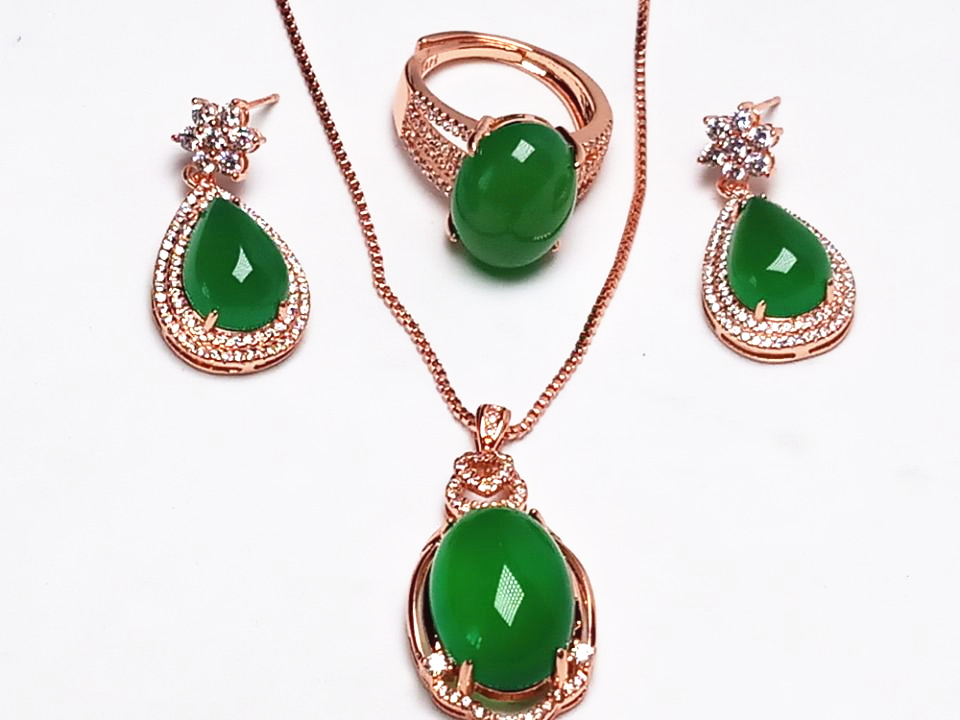

Sterling Silver Oval Egg Green Jade Gemstone Pendant Necklace Ring Earrings Gold Jewelry Sets for Women