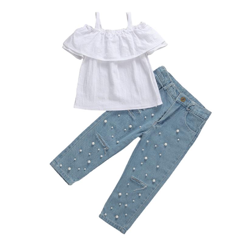 

Toddler Baby Girls Clothes 2Pcs Off Shoulder Strap Camisole Top Ripped Fishnet Jeans Denim Pants Outfits Sets, As pic
