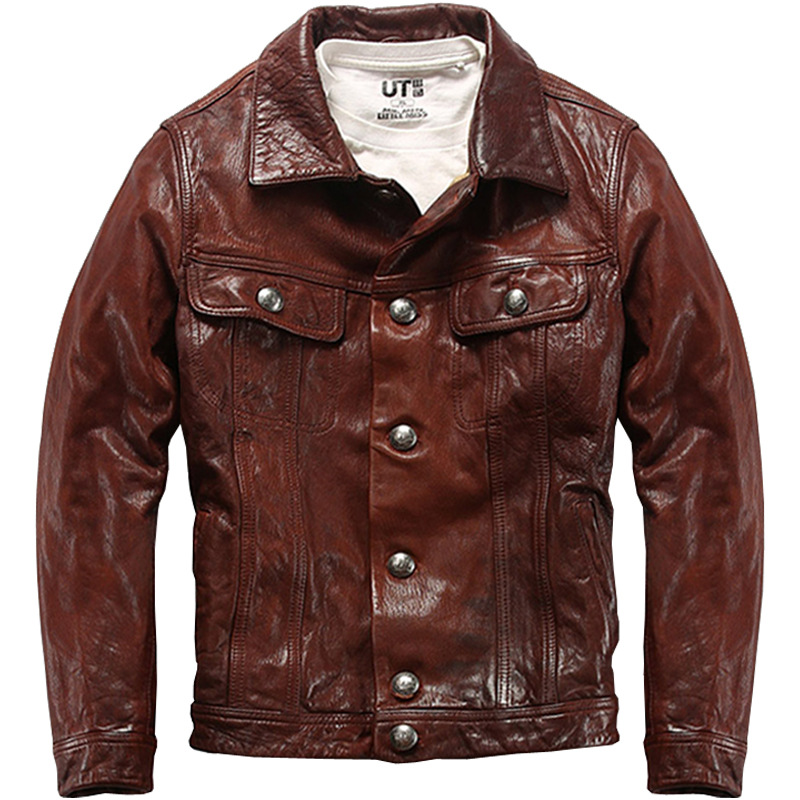 

Genuine Leather Shirt Men's Skin Shirt Lapel American Retro RRL Goat Skin Youth Pleated Denim Leather Brand, Black