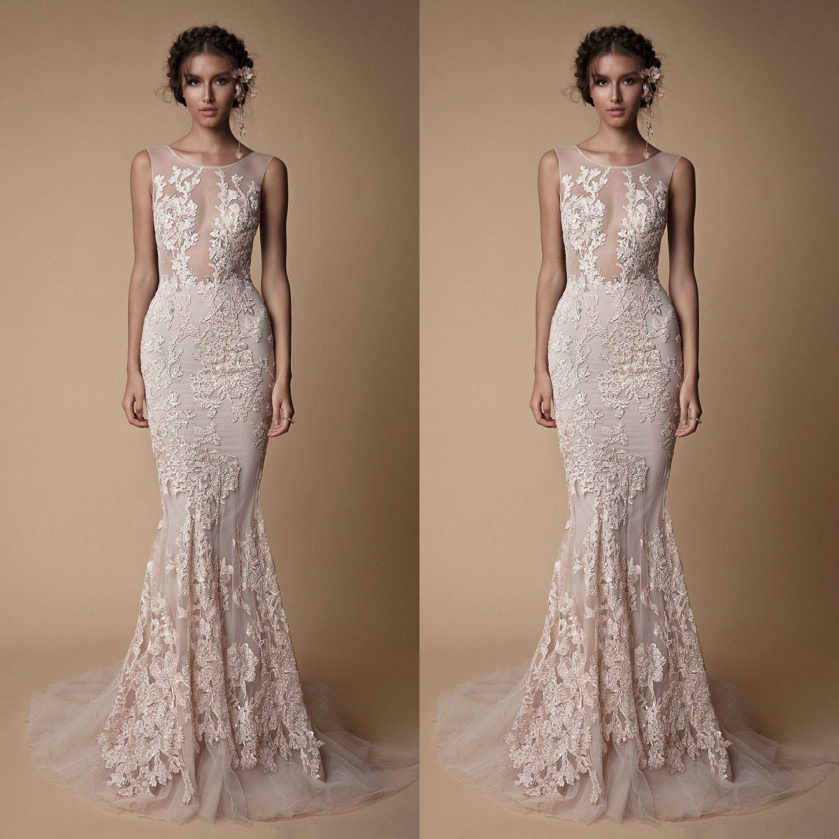 

Berta 2020 Prom Dresses Jewel Sleeveless Lace Appliques Mermaid Evening Gowns Custom Made Open Back Sweep Train Special Occasion Dress, Black