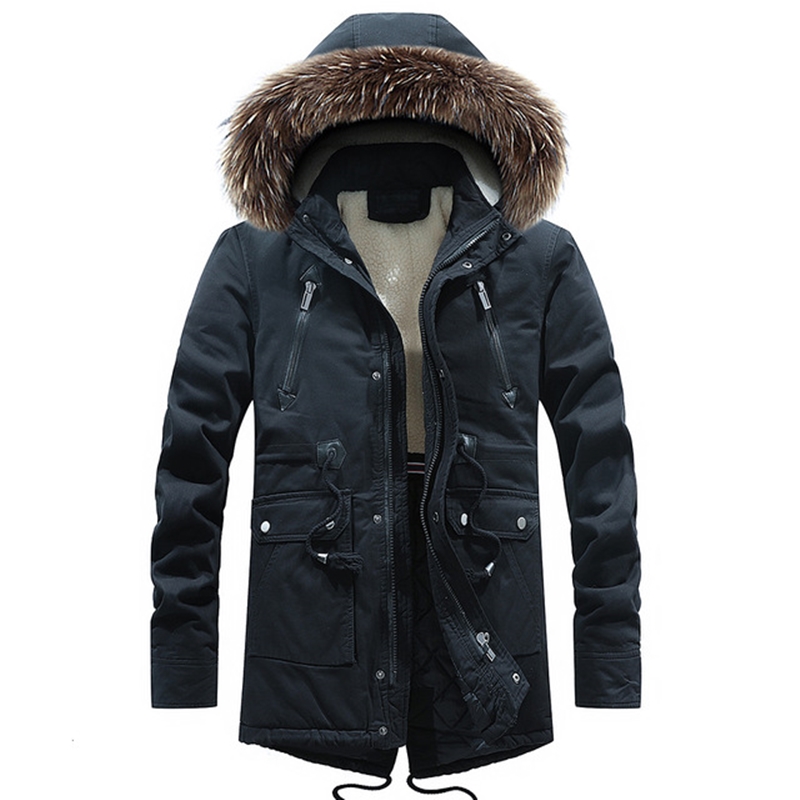 

Hot Men 2019 Winter Long Casual Fur Collar Hooded Jacket Parkas Men Outdoor Fashion Warm Fleece Thick Cotton Coat Parka, Black