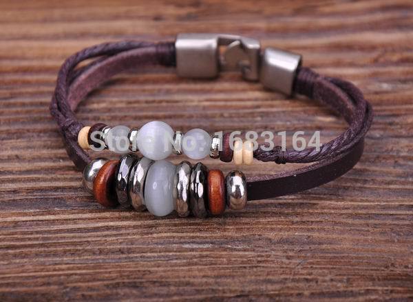 

G78 Silver New Trendy Leather Wood & Stone Beads Bangle Bracelet Cuff Men's