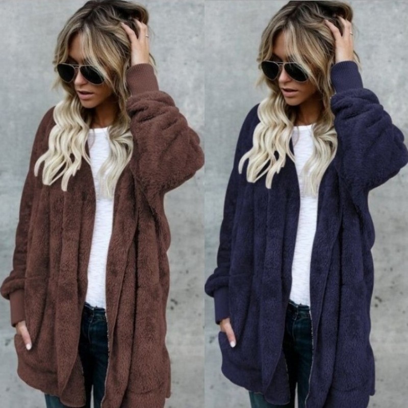 

2020 New Year Spring Faux Fur Teddy Bear Coat Jacket Women Fashion Open Stitch Hooded Coat Female Long Sleeve Fuzzy Jacket, Style1