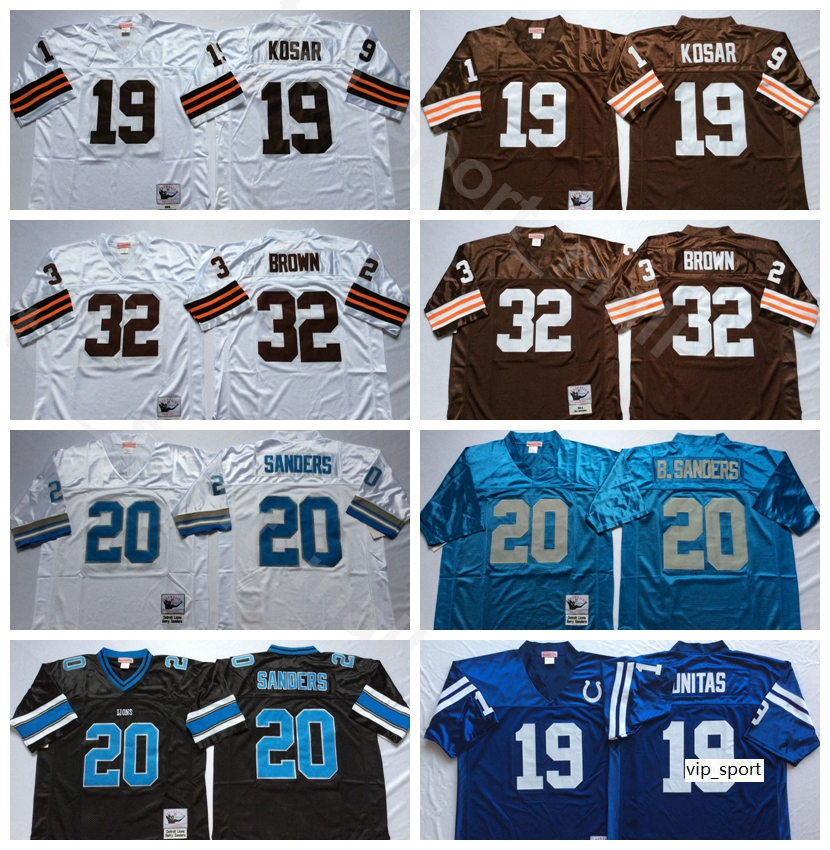 

NCAA Football 32 Jim Brown 19 Bernie Kosar Jerseys 19 Johnny Unitas Jersey 20 Barry Sanders Man Vintage White Blue All Stitched Good, 20 white
