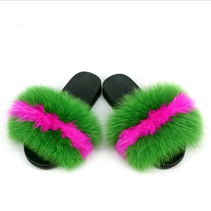 

2020 fur slides fox fur multi color slides slippers women soft real fox fur slides, Red