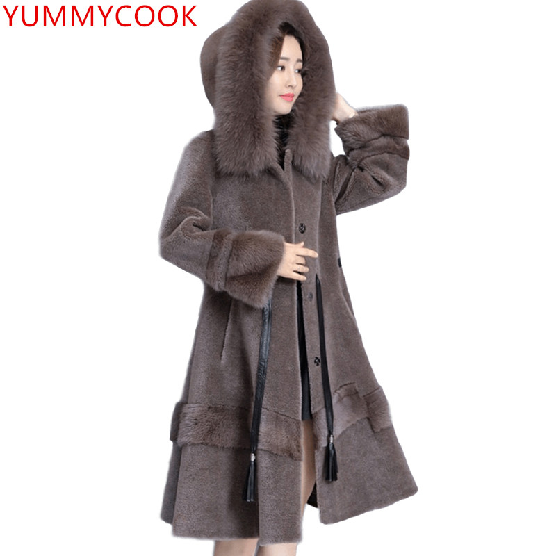 

fashion warm Sheep sheared coat female 2018 winter hooded fur Medium length slim Solid color fur Women's clothing coat A215, Black