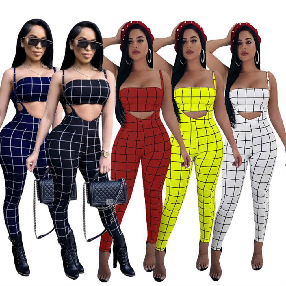 

Womens Sexy Suits Printed Tube Top + Bib Overalls Women Designer Sets Brand Two-piece Plaid Print Fashion Tops + Pants Hot Sale, White