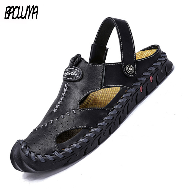 

Summer Men's Sandals Genuine Leather Men Slippers Roman Men Beach Sandals Soft Comfortable Man Outdoors Shoes 48, 2020 black