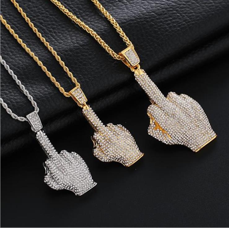 

Europe and America hip hop set with diamond large vertical middle finger men's Necklace Pendant finger men's Necklace