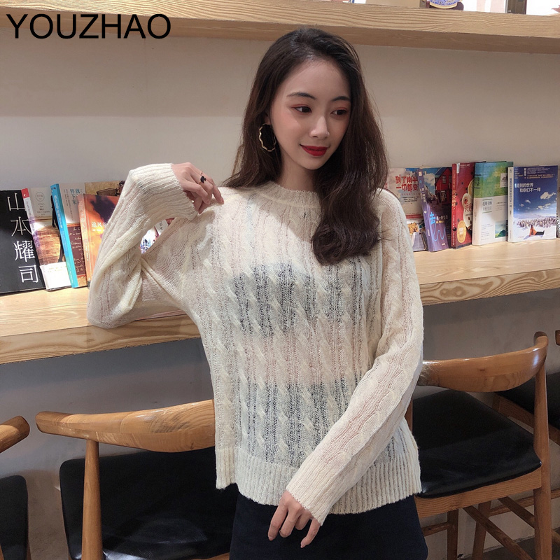 

New Women Spring Sweater Korean Sexy Long Sleeve O-Neck Hollow Out Transparent Female Top Vintage Perspective Thin Sweater Women, Beige