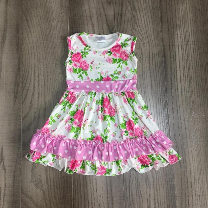

new arrivals Summer baby girls dress pink floral flower sleeveless children clothes boutique milk silk knee length polka dot, As pic