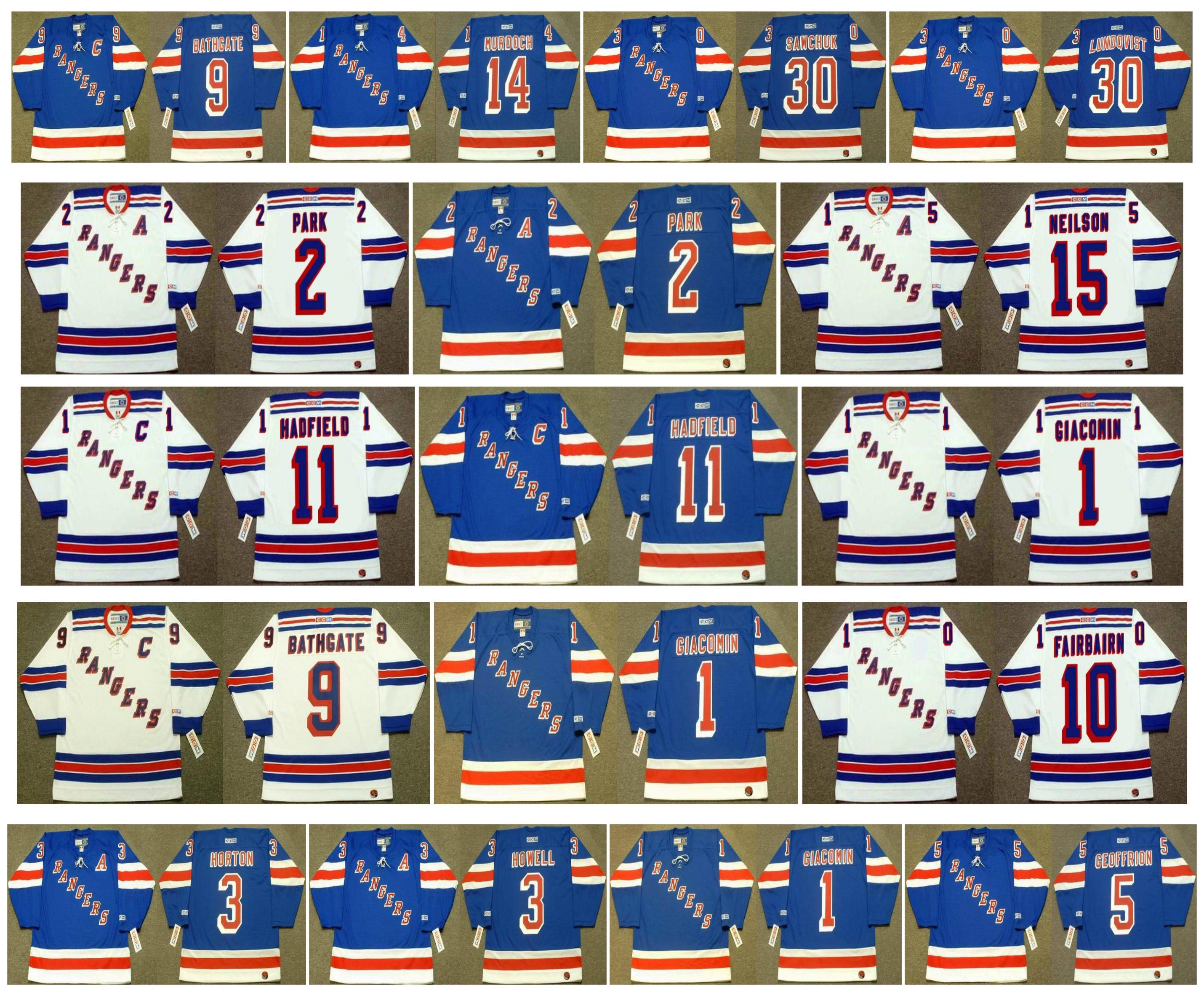 

Vintage New York Rangers Jerseys 1 Eddie Giacomin 14 DON MURDOCH 30 Sawchuk 30 Henrik Lundqvist 3 TIM HORTON 3 HOWELL 5 GEOFFRION CCM Hockey, Black;red