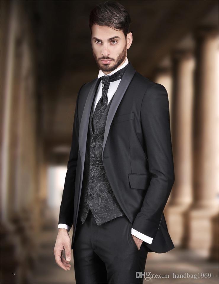 

Fashionable One Button Black Groom Tuxedos Shawl Lapel Groomsmen Best Man Mens Wedding Suits (Jacket+Pants+Vest+Tie) D:205, Same as image