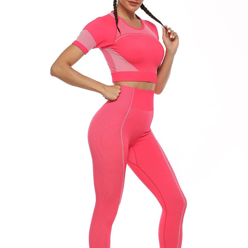 

Seamless Yoga Set Women Gym Leggings Fitness Sport 2 Pcs Suits Short sleeve T-shirt High Waist Pants Running Workout Sportswear, Blue