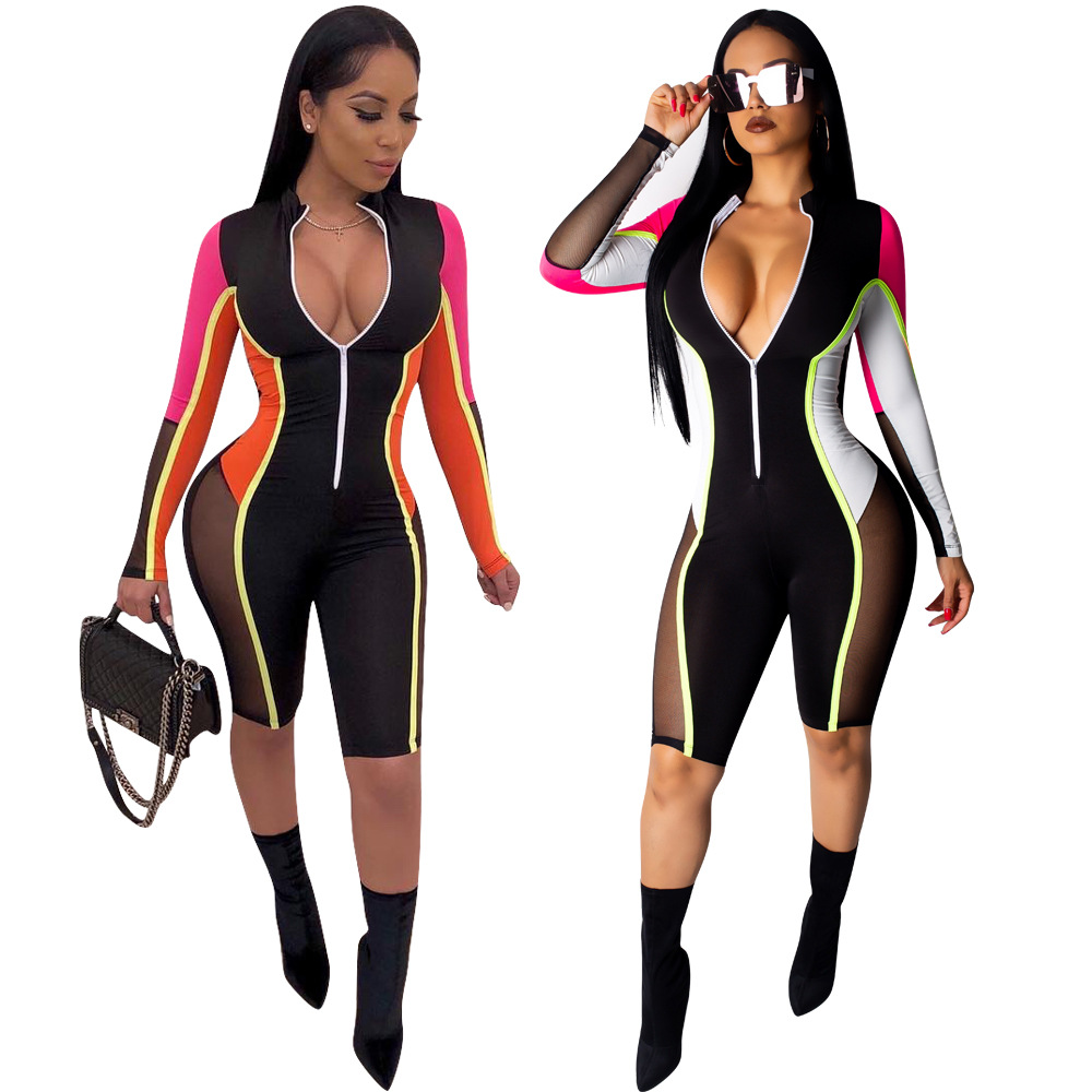 

2020 new style hot sale Side See Through Mesh Spliced Sexy Playsuit Front Zipper Long Sleeve Casual Short Romper Women Colored Slim Catsuit, Orange