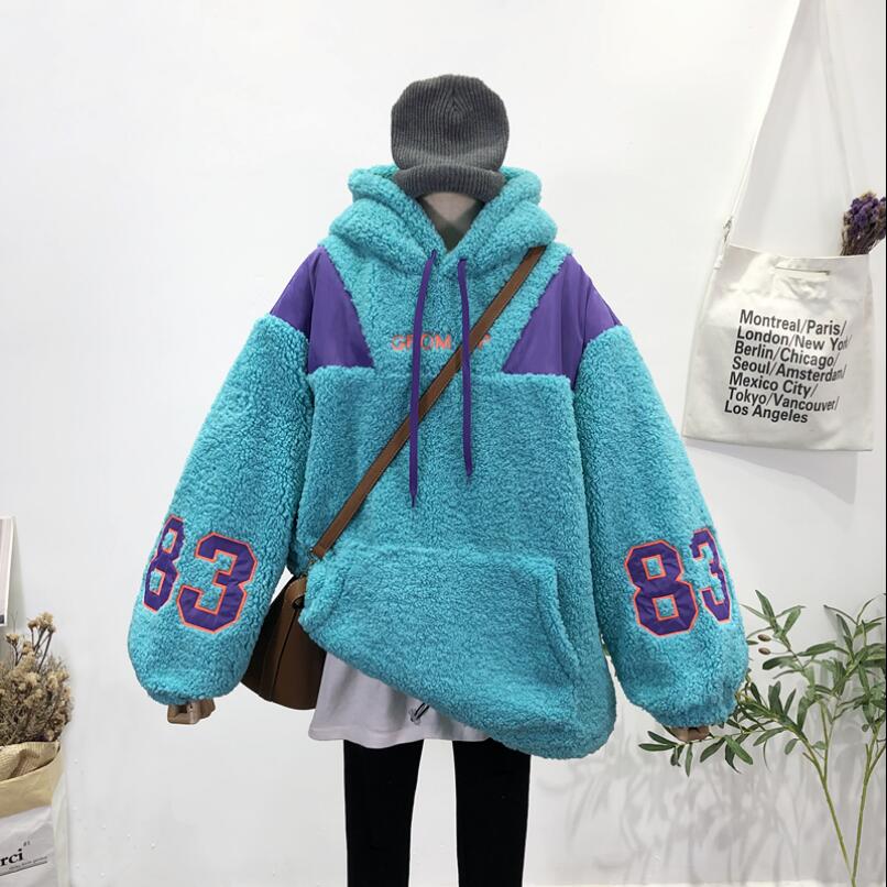 

Bf Lazy Wind Letter Embroidered Hood Coat Lamb Wool Velvet Sweatshirt Warm Autumn and Winter Cap Jacket Student Loose Hoodies, Beige