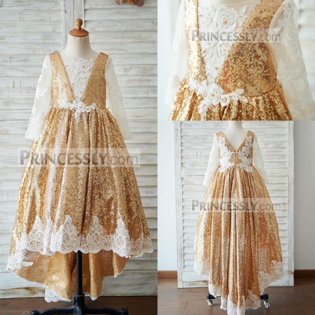 

Modest A Line Flower Girl Dress Long Sleeve Tulle Lace Sequins Wedding Dress Knee Hi Lo Girl's Birthday Part, Fuchsia