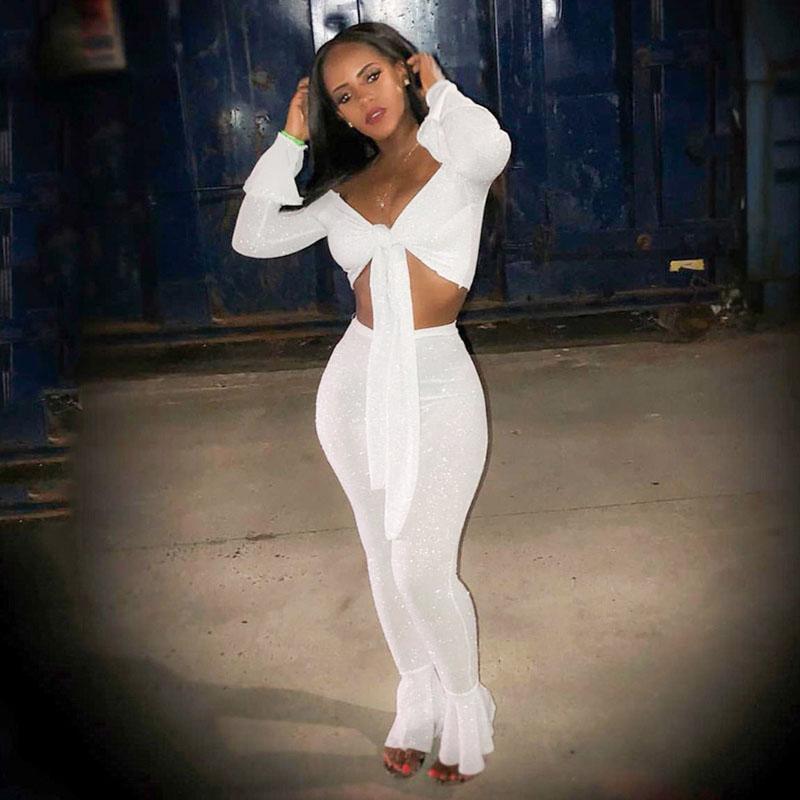 

2 Piece Sexy Set Women 2018 Summer Blue White Shining Nightclub Party Two Piece Set Crop Top And Flare Leg Pant Sets Women Suits