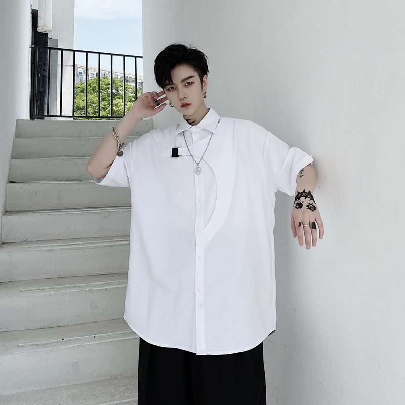 

Male Streetwear Hip Hop Shirt Men Summer New Short Sleeve Buckle Casual Black White Loose Shirt, Kk1388 black