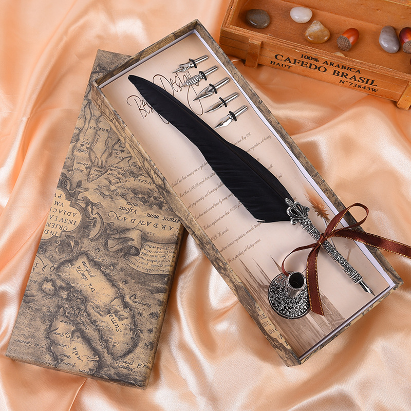 

New creative craft quill personalized custom signature pen retro European pen gift box set, Red