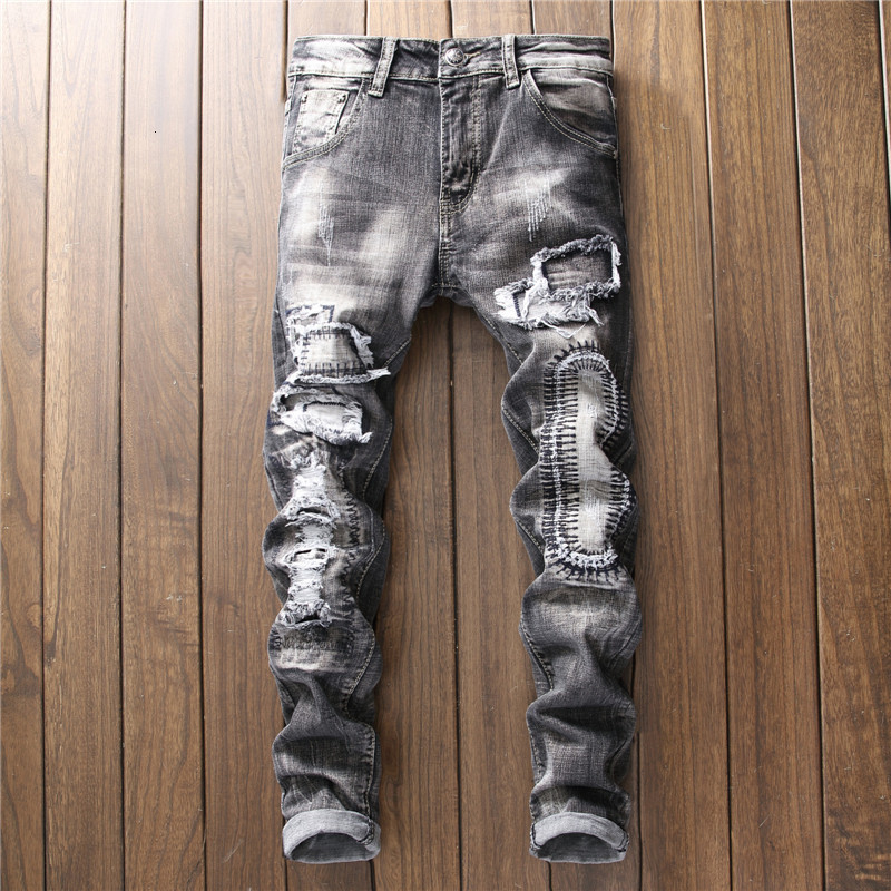 

European Style Man Jean Pants 2020 New Arrival Male Hole Splice Moto Pants Streetwear Slim Fit Gray Denim Plus Size