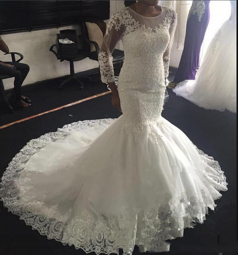 

African Long Sleeves Lace Mermaid Wedding Dresses 2020 with Beaded Appliques Sweep Train Lace Up Tulle Wedding Bridal Gowns, White