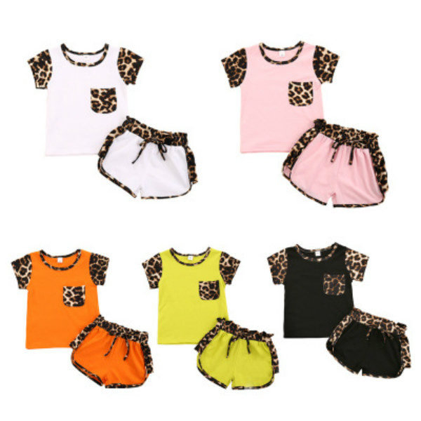 

Girl Clothing Suits Kids Summer Fashion Leopard Print Two Pieces Sets Girls Casual Short Sleeve Tshirts + Shorts Kids Clothing New, White