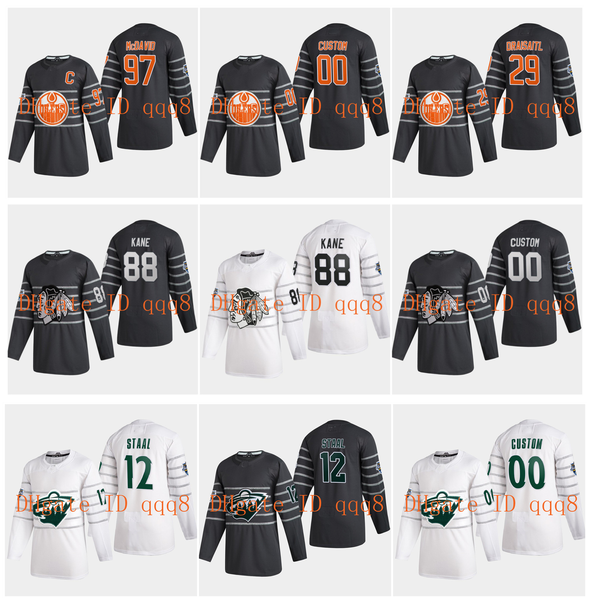 

2020 All Star Game Jersey Edmonton Oilers 97 Connor McDavid 29 Draisaitl Chicago Blackhawks 88 Patrick Kane Minnesota Wild Eric Staal Hockey, Black;red