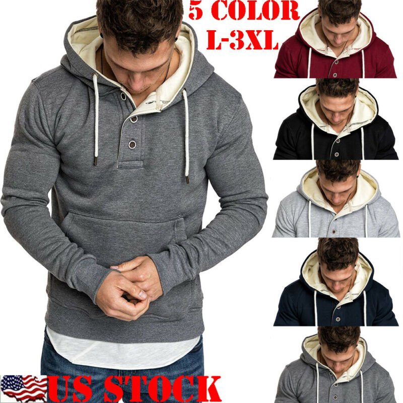 

2019 Fashion Men's Autumn Winter Hoodies Warm Casual Long Sleeve Solid Button Soft Slim Fit Hooded, Black