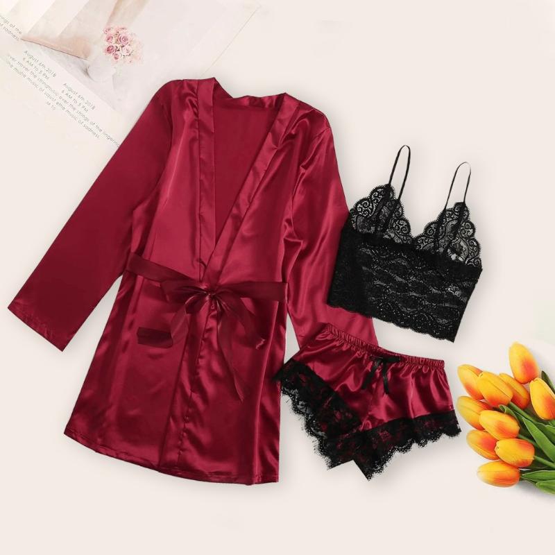

Long sleeve Womens Pajamas Sexy Lace Satin Silk Pajamas Women Nightdress Lingerie Robes Underwear Sleepwear 3PC Suit Sexy, Blue