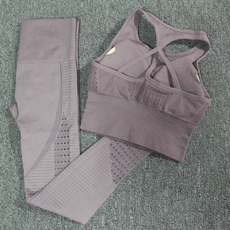 

2PCS Energy Seamless Yoga Set Women Sports Bra Workout Top Padded Push Up Yoga Bra + GYM Leggings Fitness Suits Workout Set, Brown top