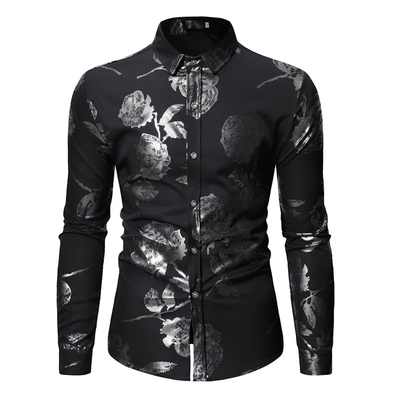 

Men' Shiny Silver Rose Foil Slim Fit Long Sleeve Party Dress Shirt 2020 Spring Autumn New Casual Men Shirt Stage Wear Shirts, Black