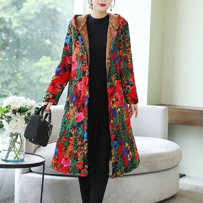 

Womens Coat Winter Warm Outwear Floral Print Hooded Pockets Vintage Oversize Female Coats Women's Casual Outwear Plus SizeJ30, Blue
