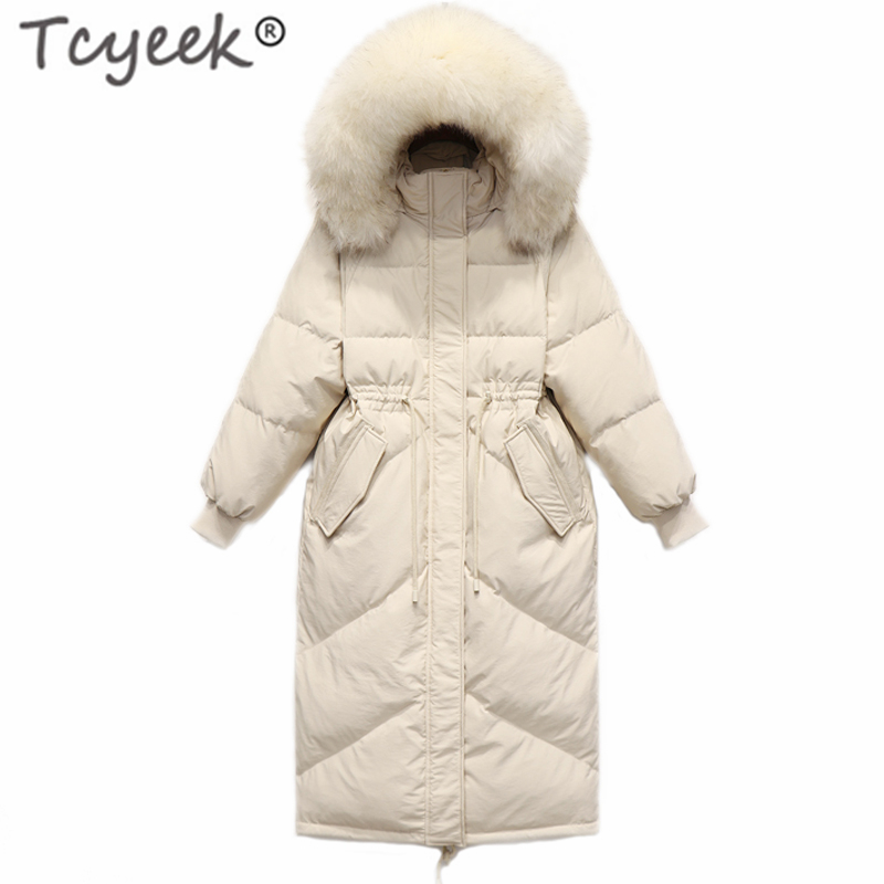

Tcyeek Winter White Duck Down Jacket Women Brand Clothes 2019 Korean X-Long Down Coat Large Fur Hooded Overcoat Hiver LW1638, Black