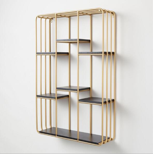 Golden wall shelf Living room iron bookshelf Storage Holders hanging a word partition bedroom cabinet layer rack-image-484414470