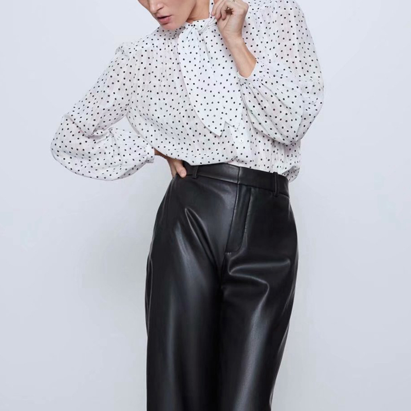 

Fashion Women's Dot Print White Shirts Office Lady Workwear Spring Summer Long Sleeve Chiffon Blouse Female Elegant Bow Tie Tops