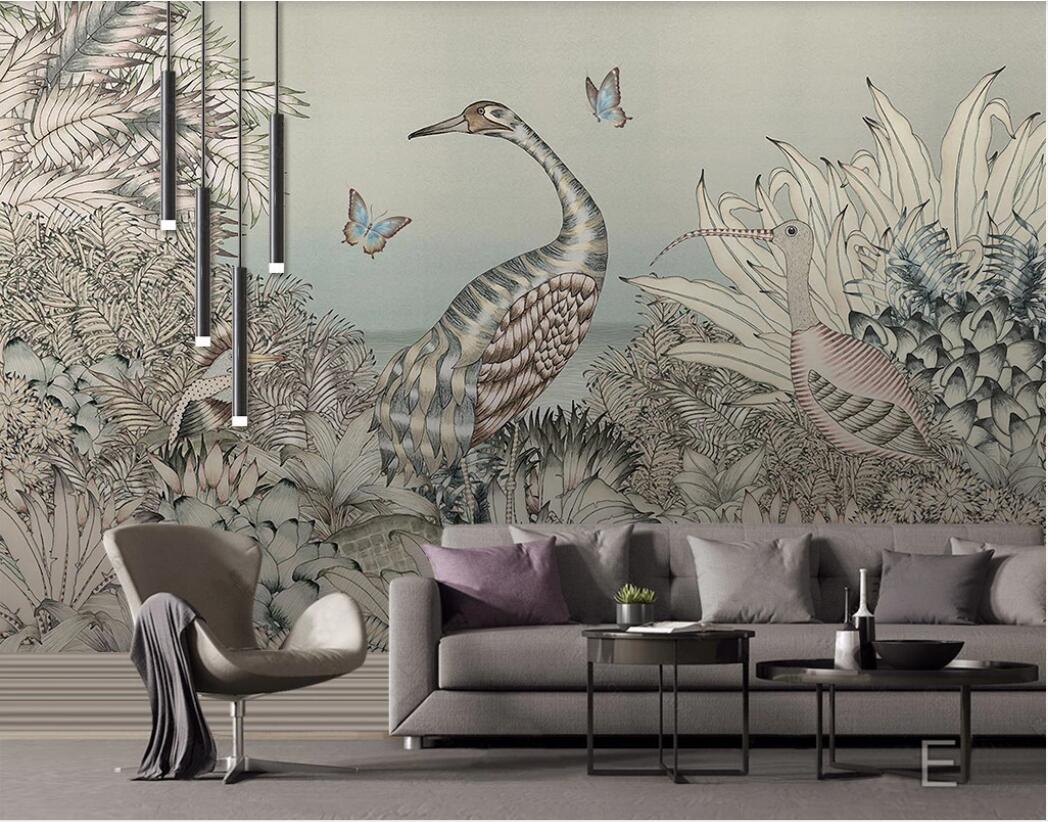 

3d room wallpaper custom photo mural Modern Rain forest cranes birds butterflies background wall painting wallpaper for walls 3 d, Non-woven fabric