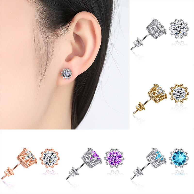 

Korean women CZ Crown Stud Earrings Luxury Silver Gold clear Purple Blue Cubic zirconia diamond Ear Rings For Girl Fashion Jewelry