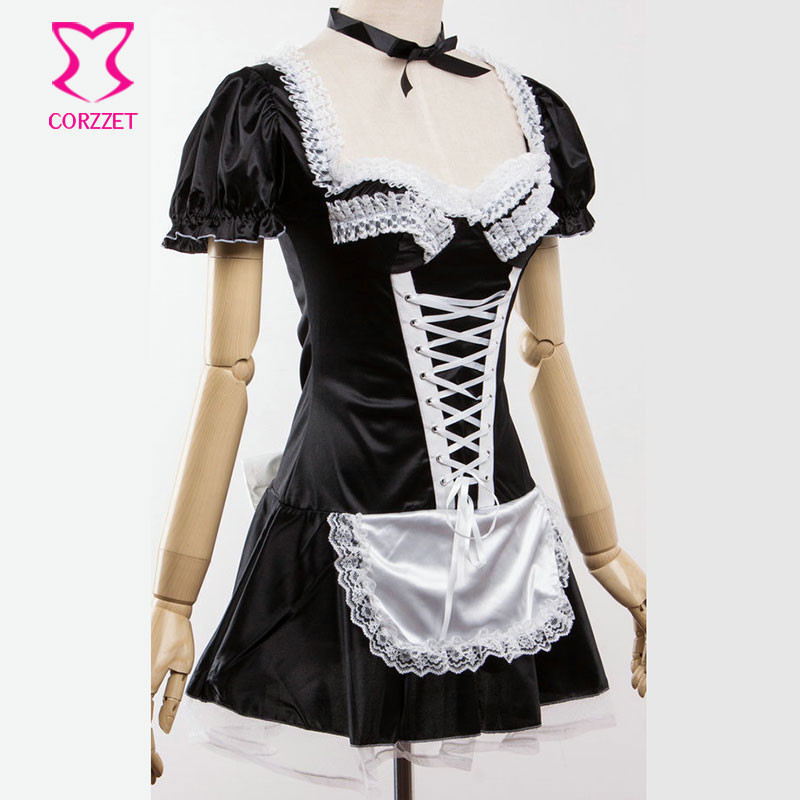6xl Black Satin And White Lace French Maid Costume Sexy Adult Women