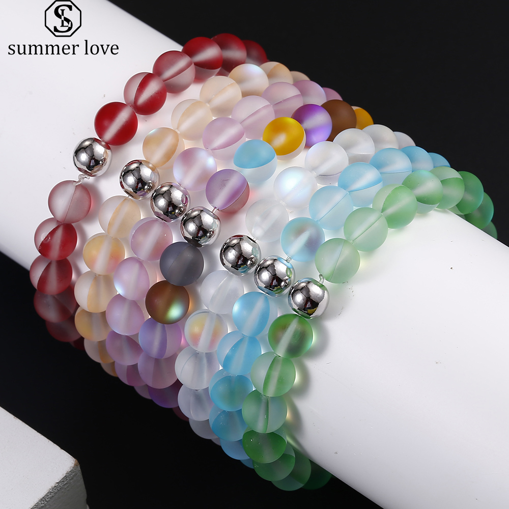 

8mm Dull Polish Frosted Crystal Glass Flash Stone Bead Bracelet for Women Men Multicolor Moonstone Strand Beads Bracelet Fashion Jewelry