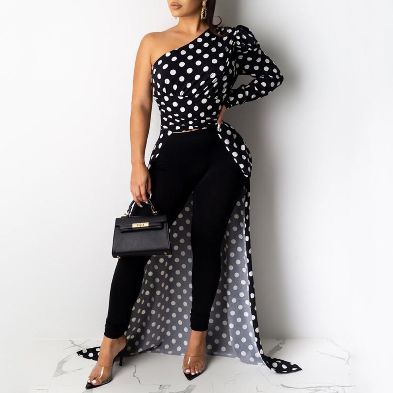 

Women Vintage Black Polka Dot Long Blouse Shirt Sexy One Shoulder Tunic Ladies Spring Long Sleeve Plus Size Blouses Top Retro