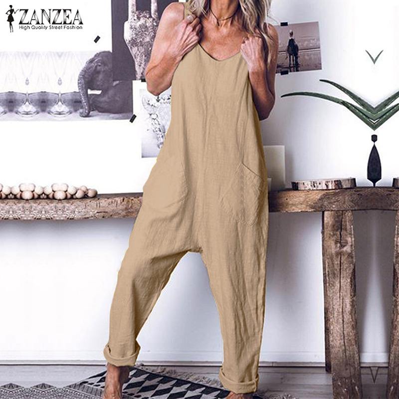 

Women' Casual Jumpsuits 2019 ZANZEA Plus Size Linen Overalls Kaftan Strap Rompers Pantalon Female Harem Pants Combinaison Femme, Black