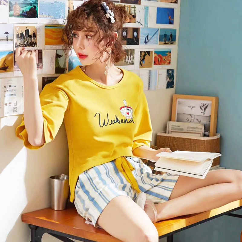 

CherLemon Pajamas Women Summer Cotton Short Sleeved Loose Two-Piece Suit Students Cute Nightwear Home Clothes
