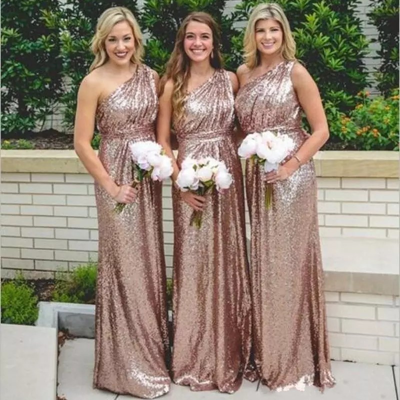 

Country Rose Gold Sequined Bridesmaid Dresses 2019 Bling One Shoulder A Line Long Floor Length Plus Size Formal Maid of Honor Gowns