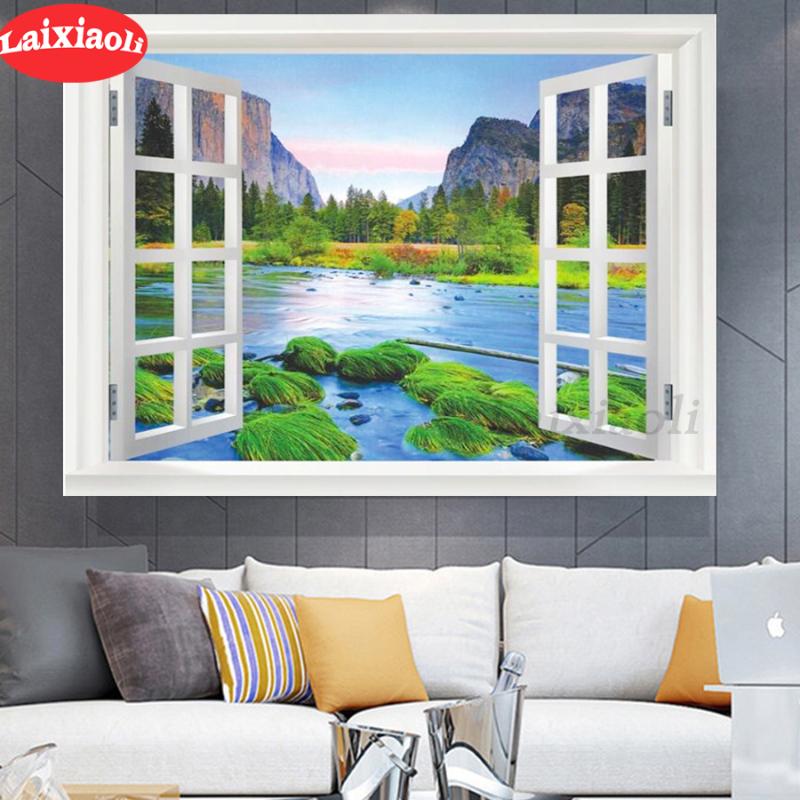 

5 d diamond mosaic window outside natural lake mountain landscape For Living Room Home Decor diamond Painting embroidery mosaic