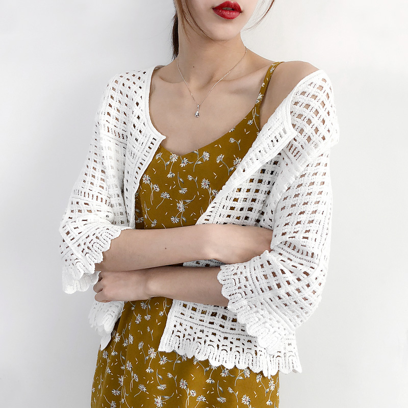 

Female Hollow Out Lace Thin Open Stitch Tops Women Summer Casual Half Sleeve Knitted O-Neck White Shrug Crocheted Open Cardigan, Beige