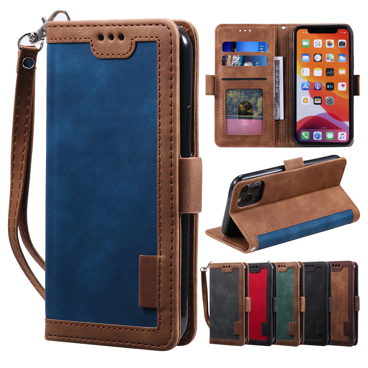 

Wallet Phone Cases for iPhone 12 Mini 11 Pro X XR XS Max 7 8 Plus Samsung Galaxy S21 Ultra Retro Stitching PU Leather Flip Stand Cover Case, Dark brown