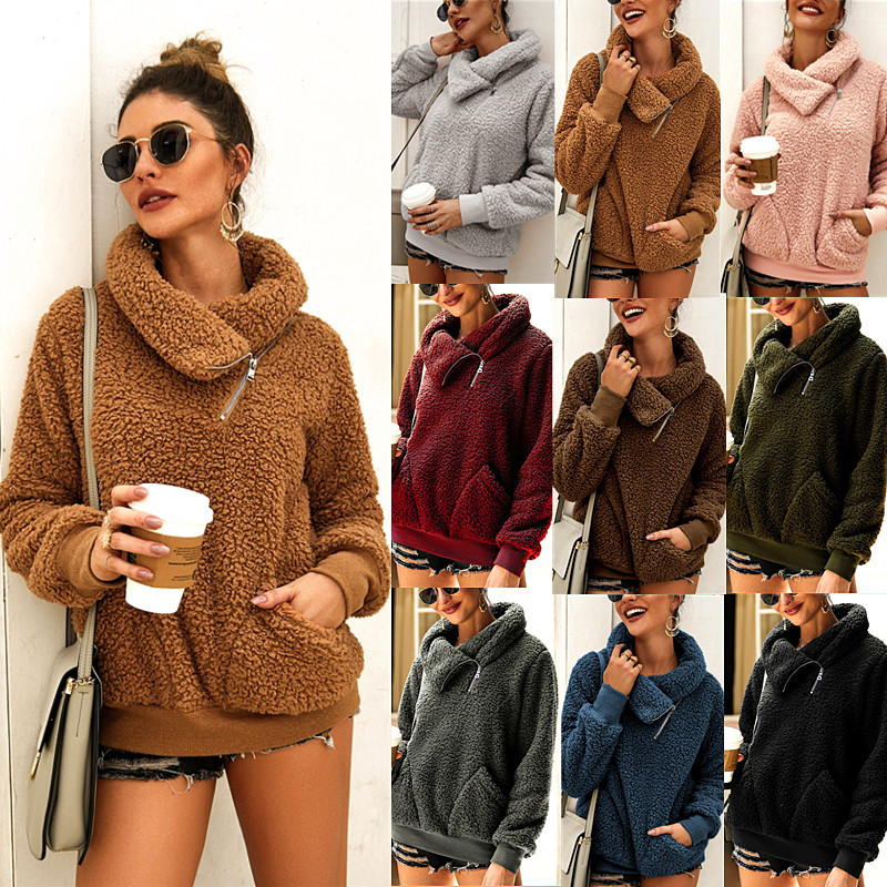 

Women Winter Coats designer clothes Lapel Thick Sweater Womens tops Female Wool Sweatshirts womens jacket clothing fur hoodies pullover, Khaki