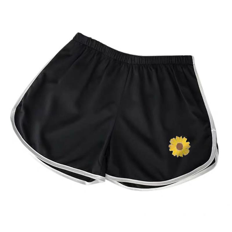 

Casual Sports Yoga Run Shorts Women Summer Breathable Sunflower Print Workout Sports Casual Short, Black